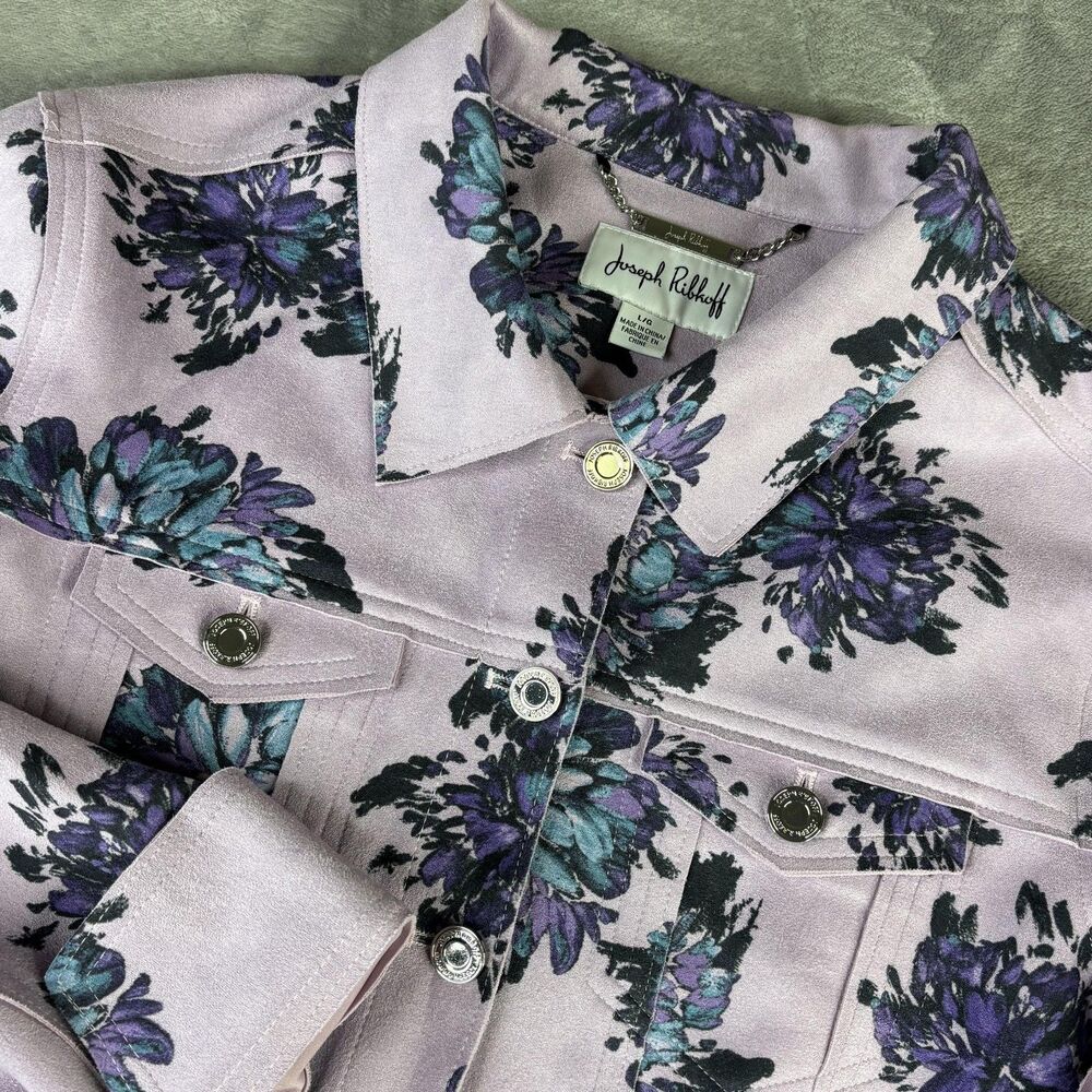 Joseph Ribkoff Jacket Womens Large Purple Faux Suede Floral Trucker Button Front